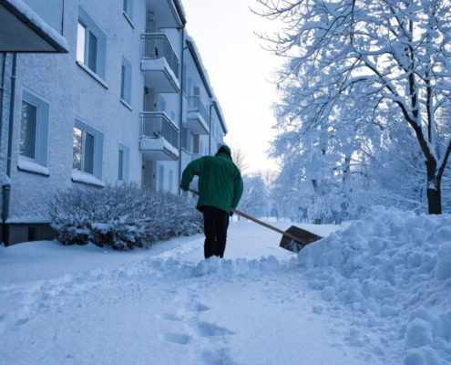 Schneer&auml;umung vor einem Mehrfamilienhaus
