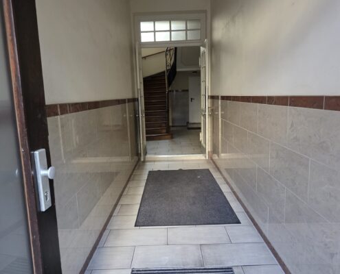 Gereinigter Hauseingang mit Fliesenboden, Fußmatten und Blick ins Treppenhaus