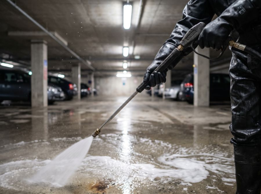 Tiefgaragenreinigung Ebersberg: Hochdruckreinigung des Bodens